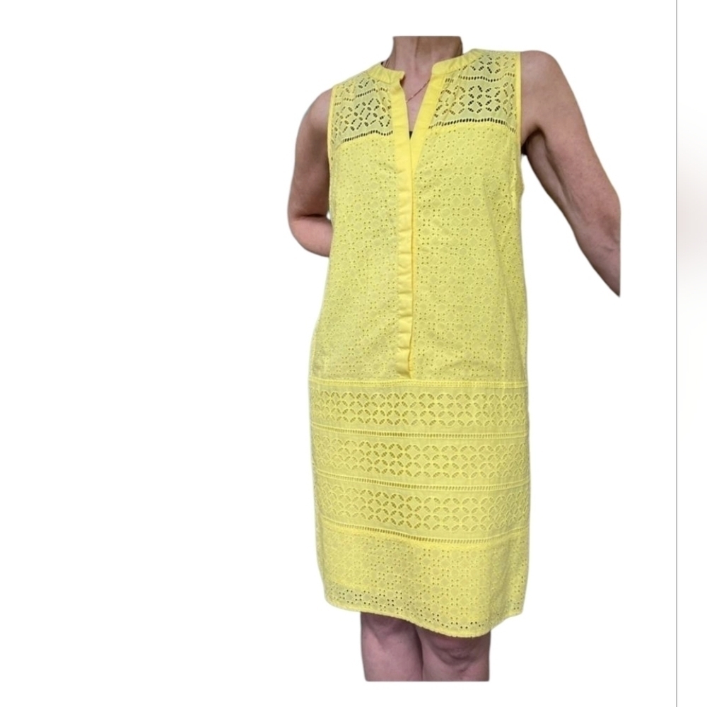 LOFT Yellow Eyelet Shift Midi Cotton sleeveless Dress Size 14
